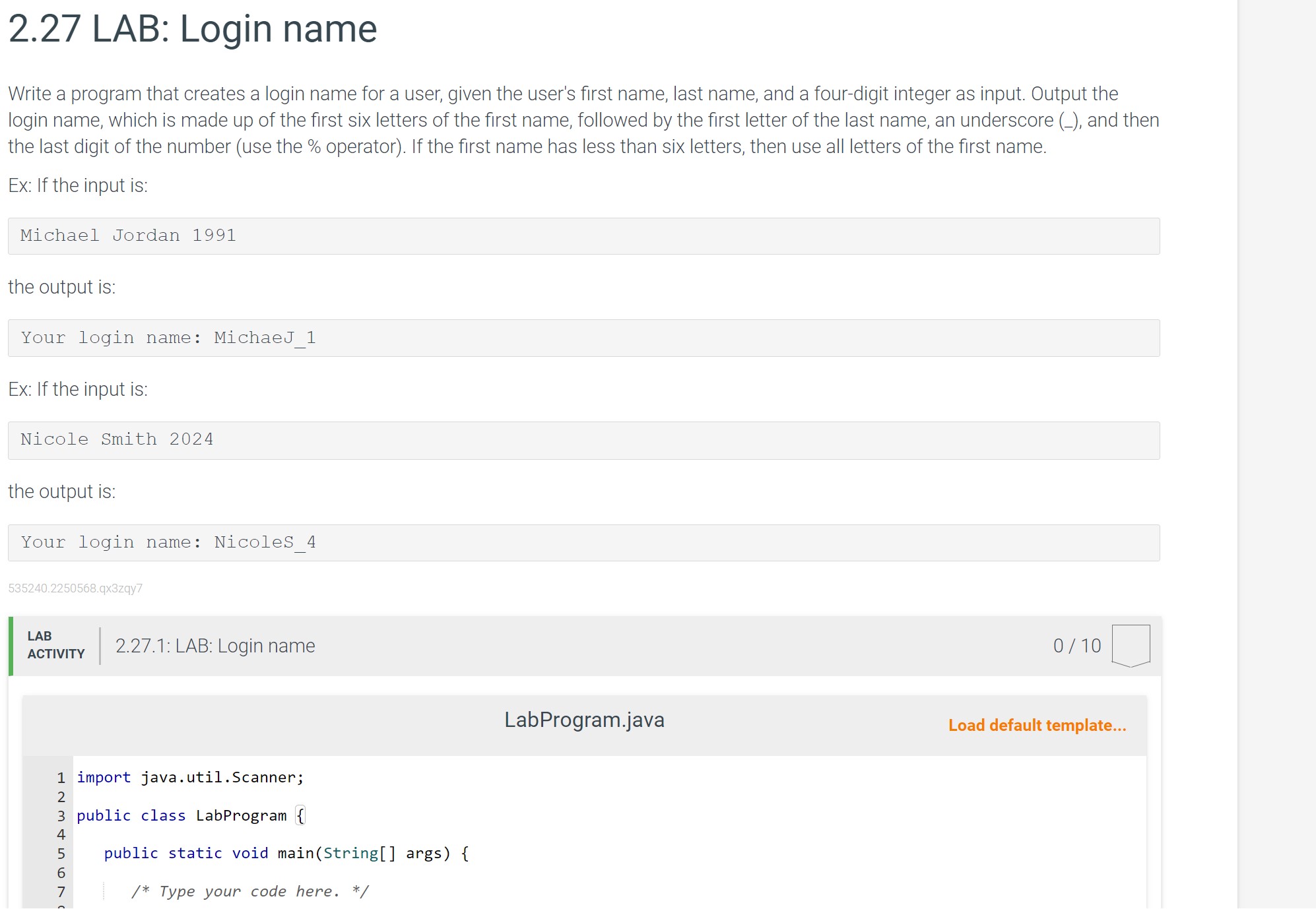 Solved Z.Z7 LAB: Login name Write a program that creates a | Chegg.com