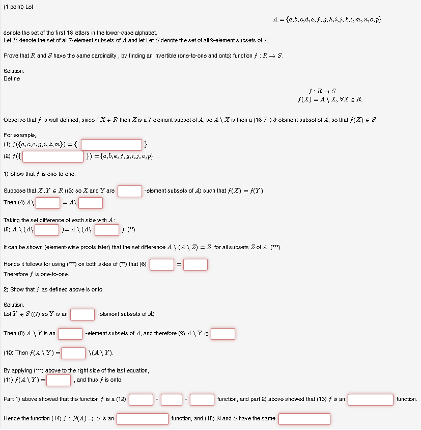 Solved (1 Point) Let A = {a,b,c,d, E, F, G, R); K, L, M, | Chegg.com