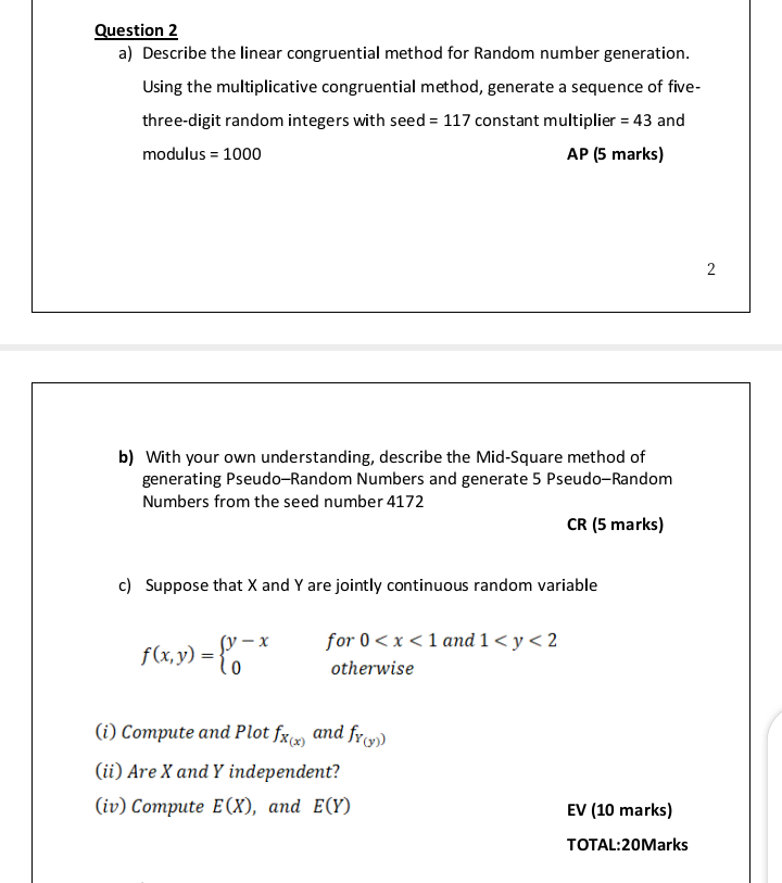 Solved Question 2 A) Describe The Linear Congruential Method | Chegg.com