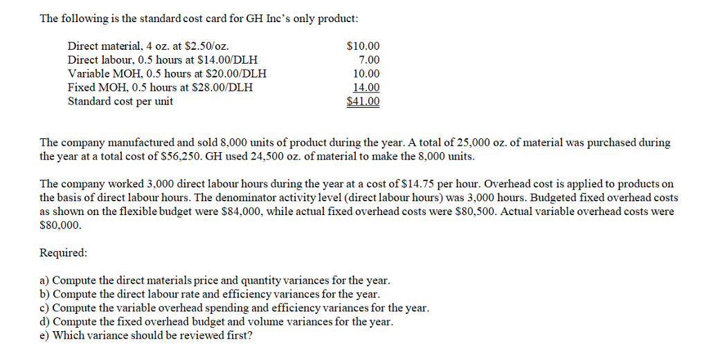 Solved The following is the standard cost card for GH Inc's