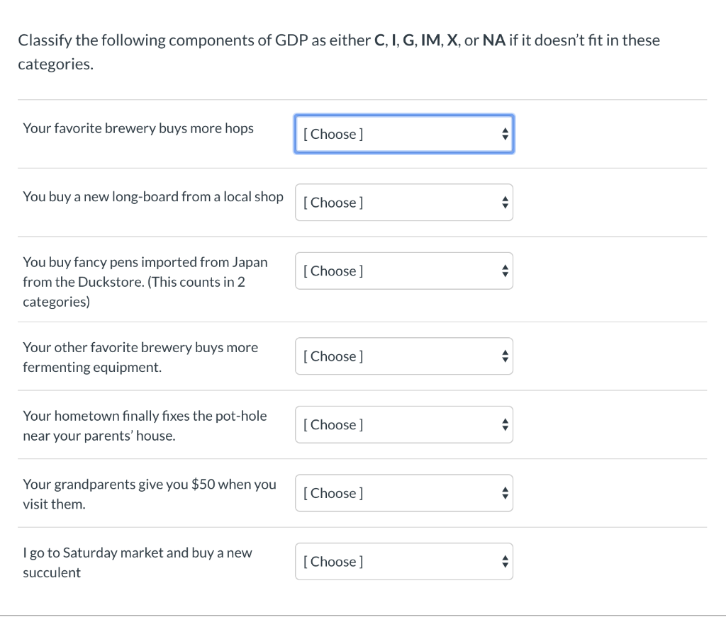 Solved Classify The Following Components Of Gdp As Either Chegg Com