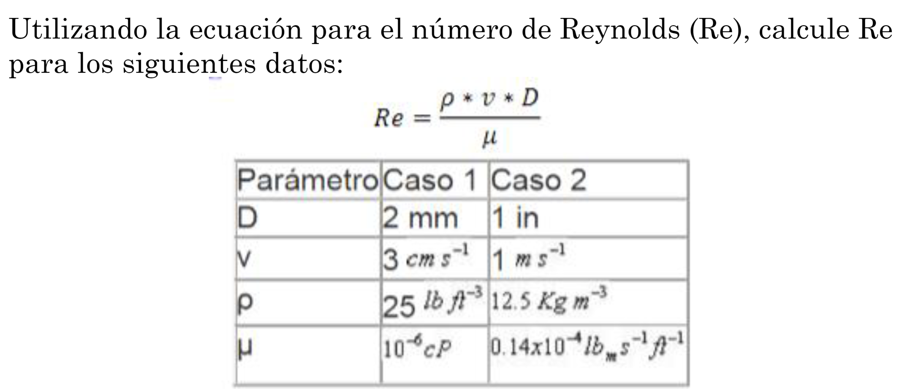 Utilizando la ecuación para el número de Reynolds (Re), calcule Re para los siguientes datos: \[ R e=\frac{\rho * v * D}{\mu}