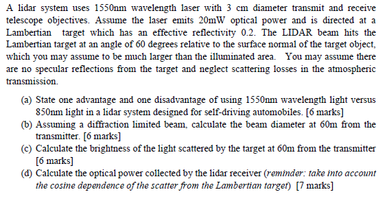 A lidar system uses 1550nm wavelength laser with 3 cm | Chegg.com