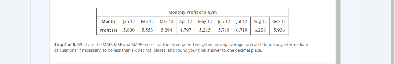 Solved Step 4 Of 5 What Are The MAD MSE And MAPE Scores Chegg Com   Php75bT6L
