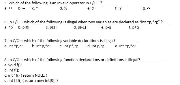 Solved 5 Which Of The Following Is An Invalid Operator I Chegg Com