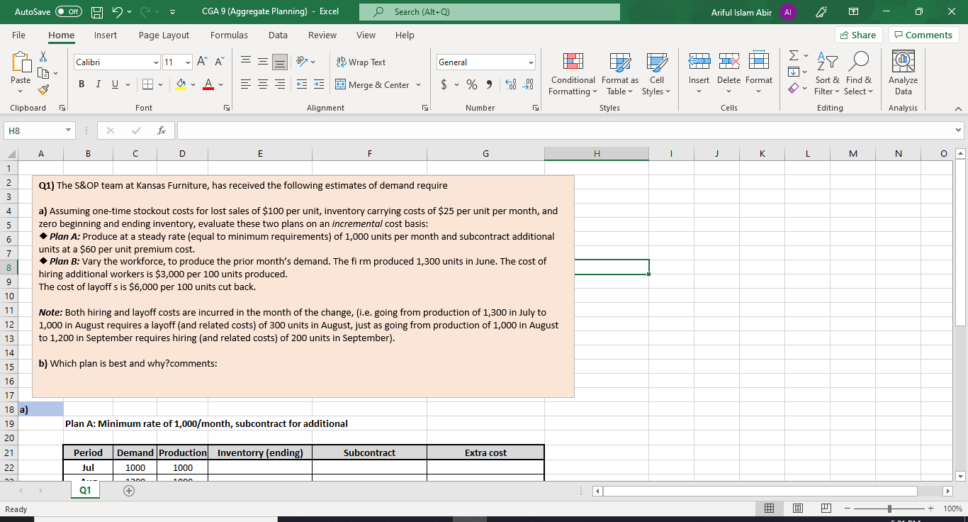 Solved AutoSave Off He CGA 9 (Aggregate Planning) Excel O