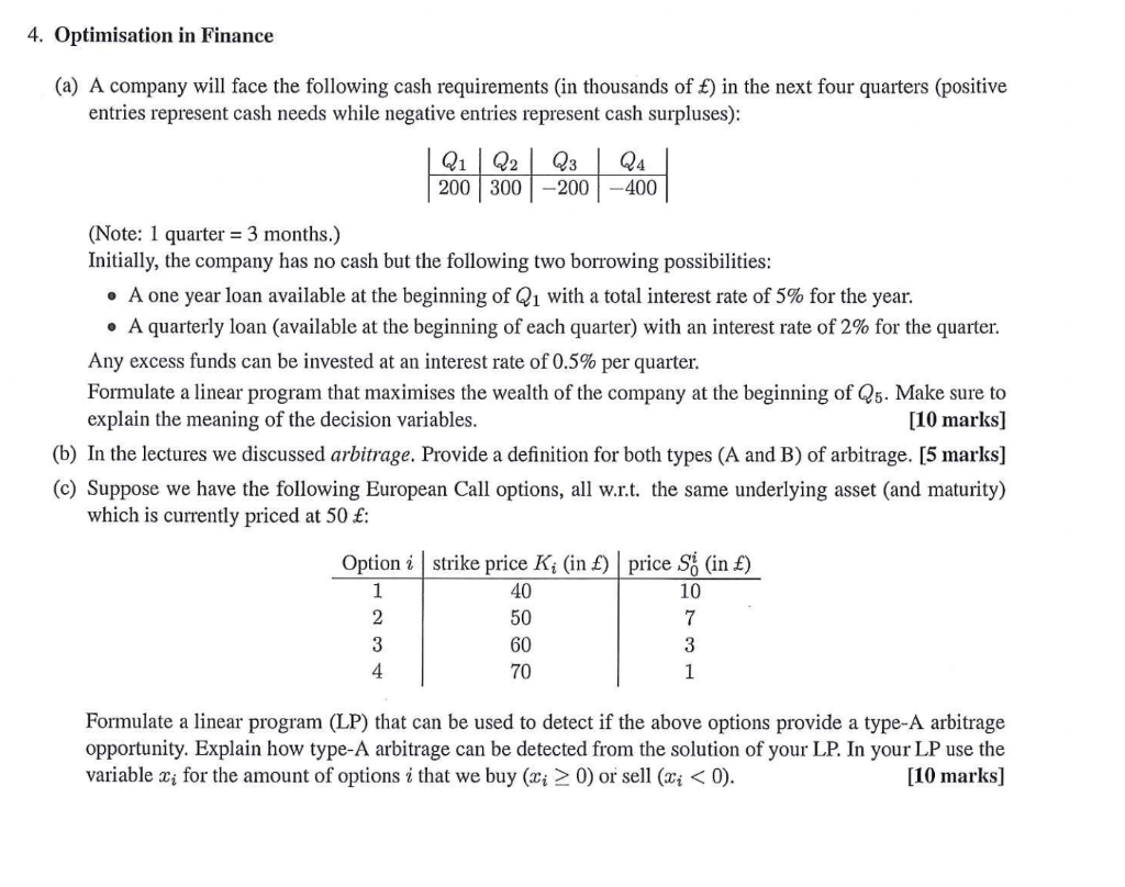 4. Optimisation in Finance (a) A company will face | Chegg.com