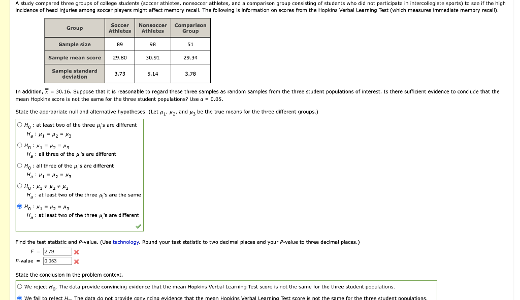 Solved A study compared three groups of college students | Chegg.com