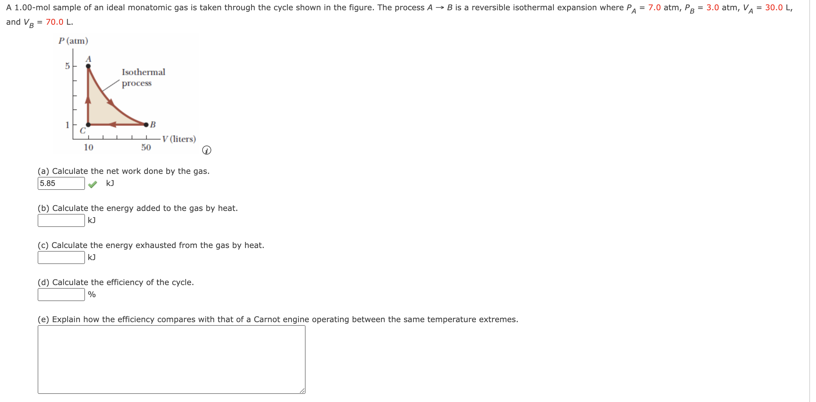 Solved and VB=70.0 L. (a) Calculate the net work done by the | Chegg.com