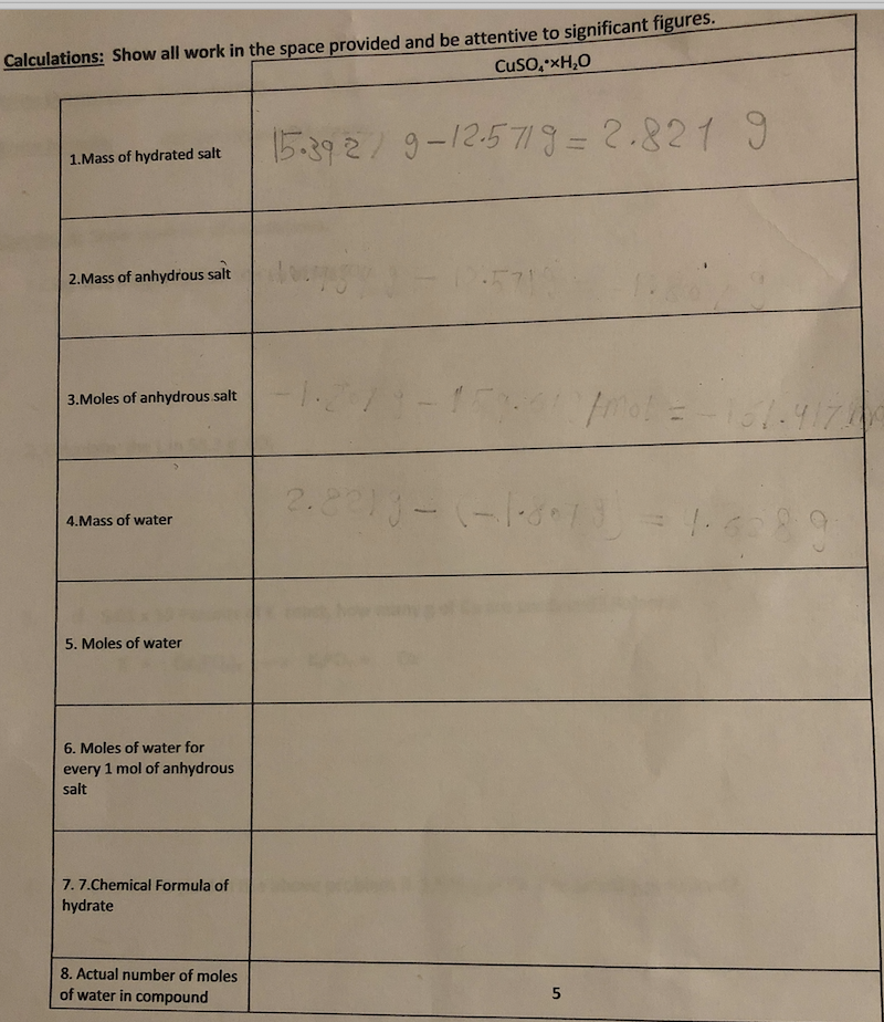Solved Name Date CHE 121 Hydrates Composition of water