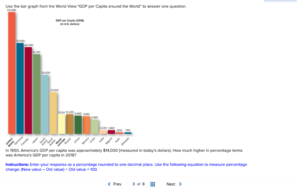 Use the bar graph from the World View GDP per Capita around the World to answer one question.
63,080
In 1950, Americas GDP