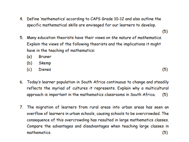 Solved 4. Define 'mathematics' according to CAPS Grade 1012