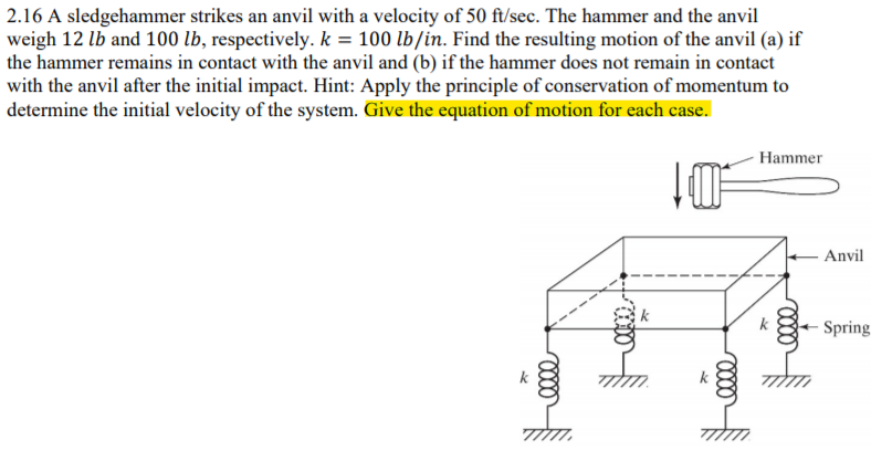 Solved A sledgehammer strikes an anvil with a velocity of 50 | Chegg.com