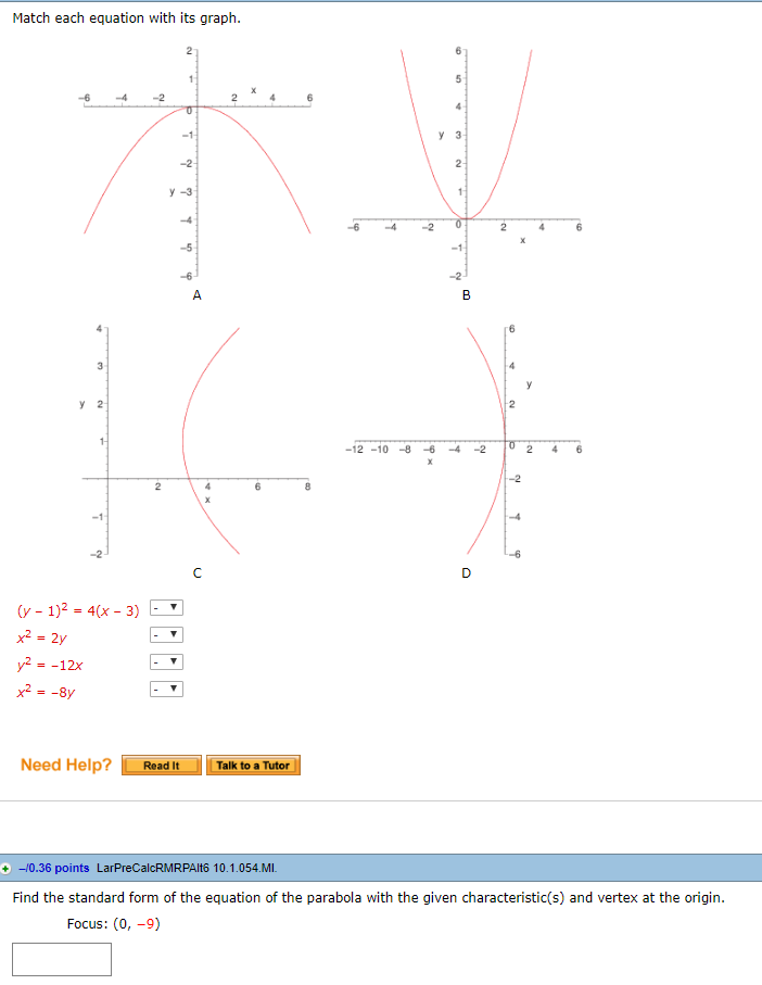 Solved Match each equation with its graph 6-42 y-3 12-10 | Chegg.com
