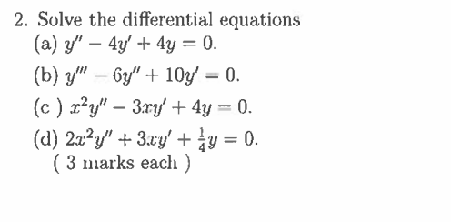 \( \begin{array}{l}y^{\prime \prime}-4 y^{\prime}+4 y=0 \\ y^{\prime \prime \prime}-6 y^{\prime \prime}+10 y^{\prime}=0 \\ x^