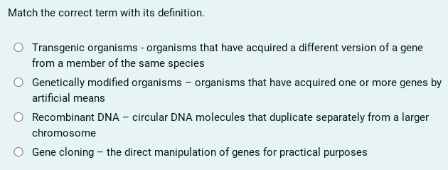 Solved Match the correct term with its definition.Transgenic | Chegg.com