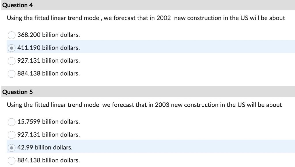 Using the fitted linear trend model, we forecast that in 2002 new construction in the US will be about
\( 368.200 \) billion