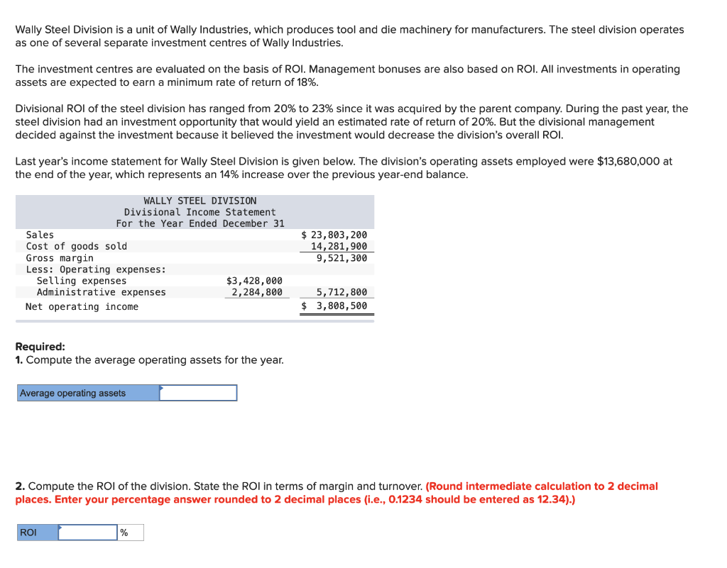 Solved Wally Steel Division is a unit of Wally Industries, | Chegg.com