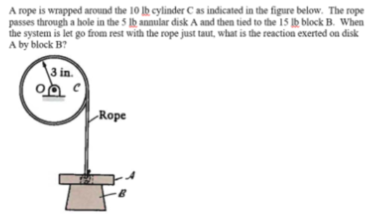 A rope is wrapped around the 10 lb cylinder C as indicated in the figure below. The rope
passes through a hole in the 5 lb an