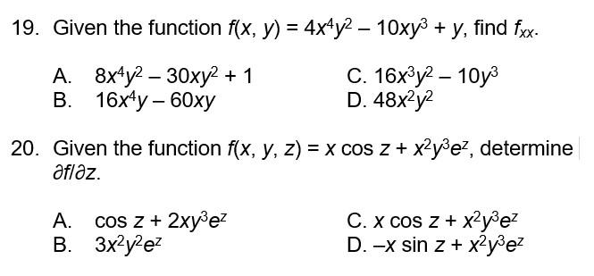 Solved 19. Given the function f(x, y) = 4x4y2 – 10xy3 + y, | Chegg.com