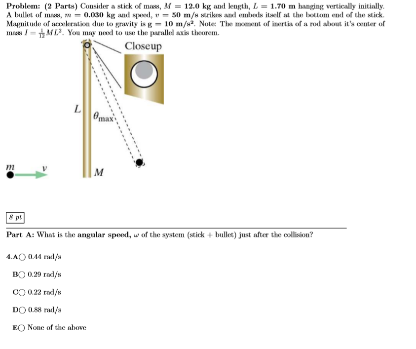Solved Problem: (2 Parts) Consider a stick of mass, M = 12.0 | Chegg.com