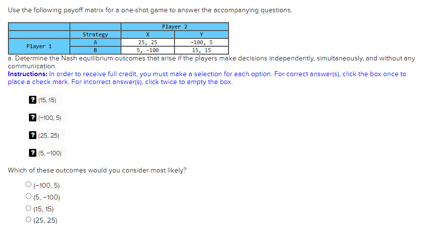 Solved Use the following payoff matrix for a one-shot game | Chegg.com
