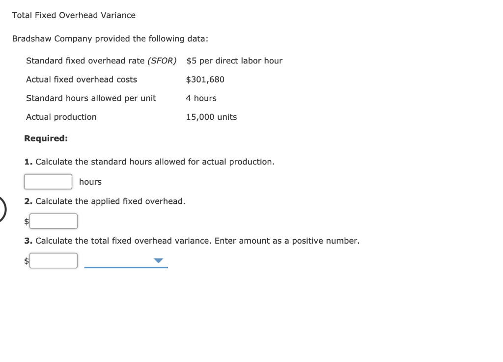 Solved Total Fixed Overhead Variance Bradshaw Company