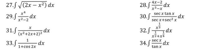 27. \( \int \sqrt{\left(2 x-x^{2}\right)} d x \) 28. \( \int \frac{4 x-2}{x^{3}-x} d x \) 29. \( \int \frac{x^{4}}{x^{2}-2} d