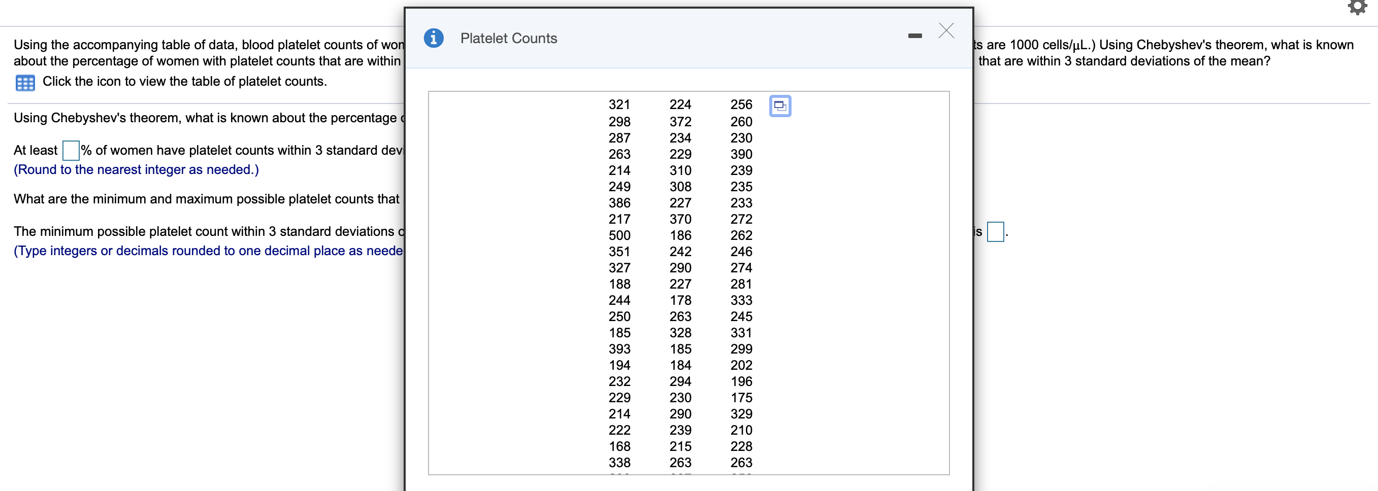 Solved Using The Accompanying Table Of Data Blood Platel Chegg Com