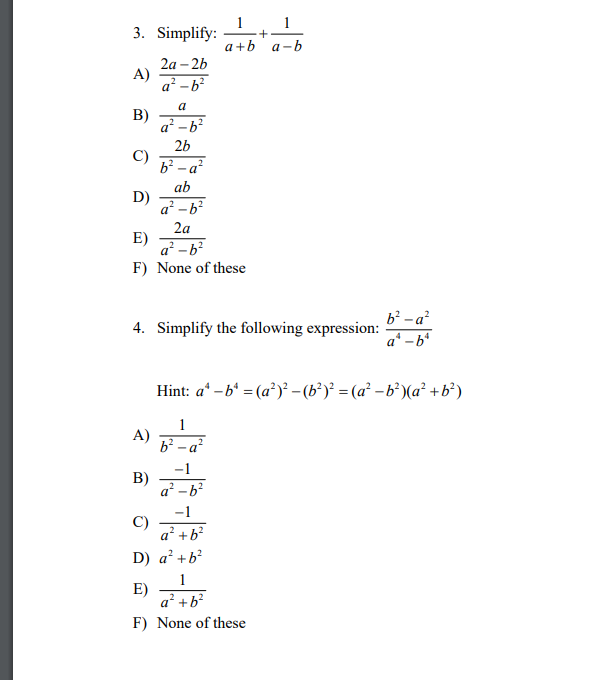 Solved 1. Simplify: (a+b)+(a - b)? A) 2a B) 2a? - 262 C) | Chegg.com