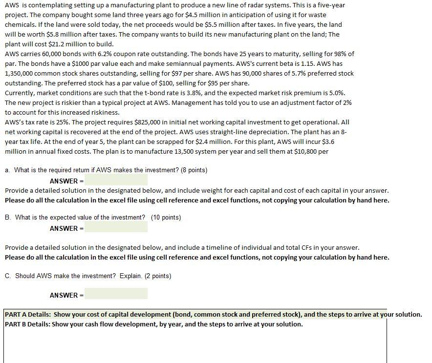 Solved AWS is contemplating setting up a manufacturing plant
