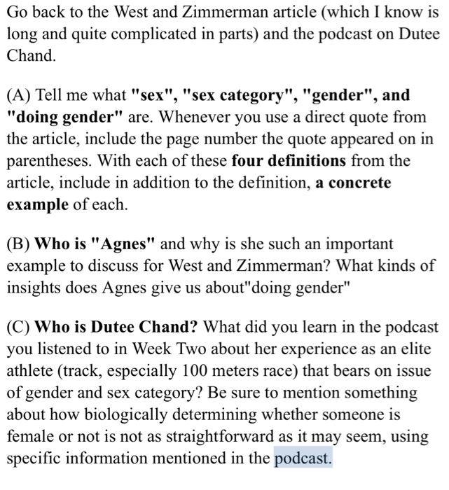 Doing Gender West Zimmerman Solved please help me answer the following questions of the | Chegg.com