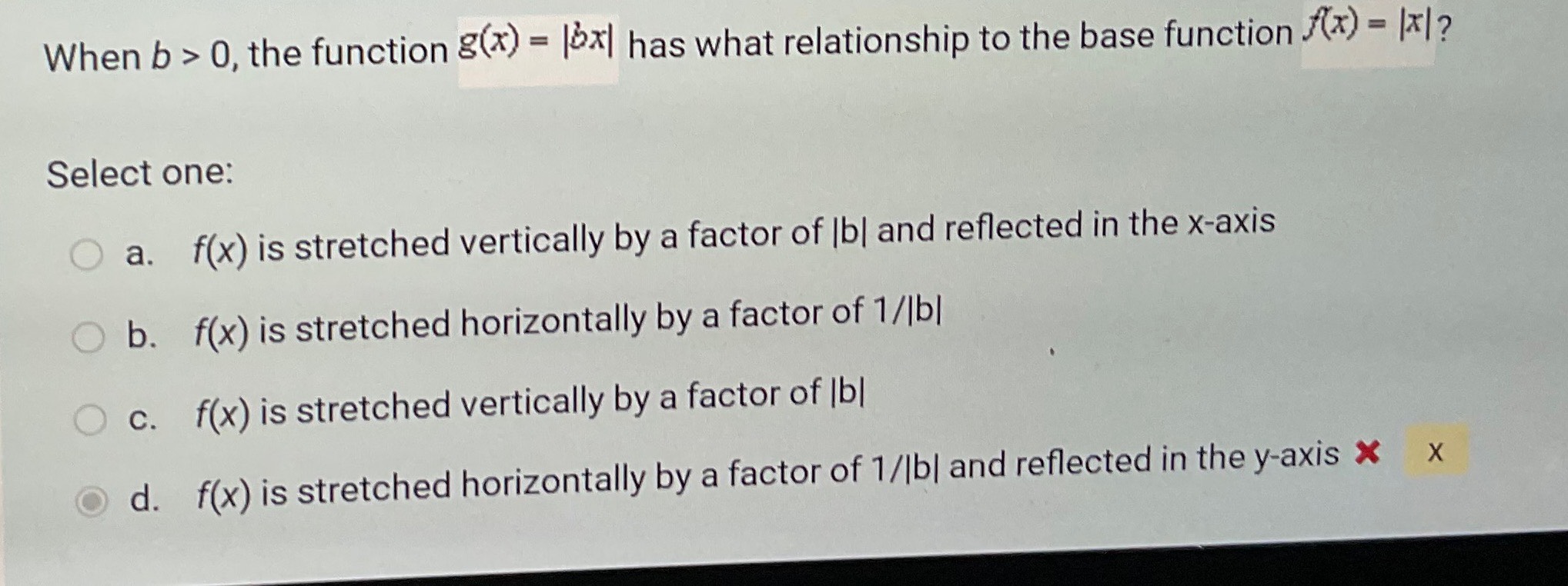 Solved When b>0, the function g(x)=∣bx∣ has what | Chegg.com