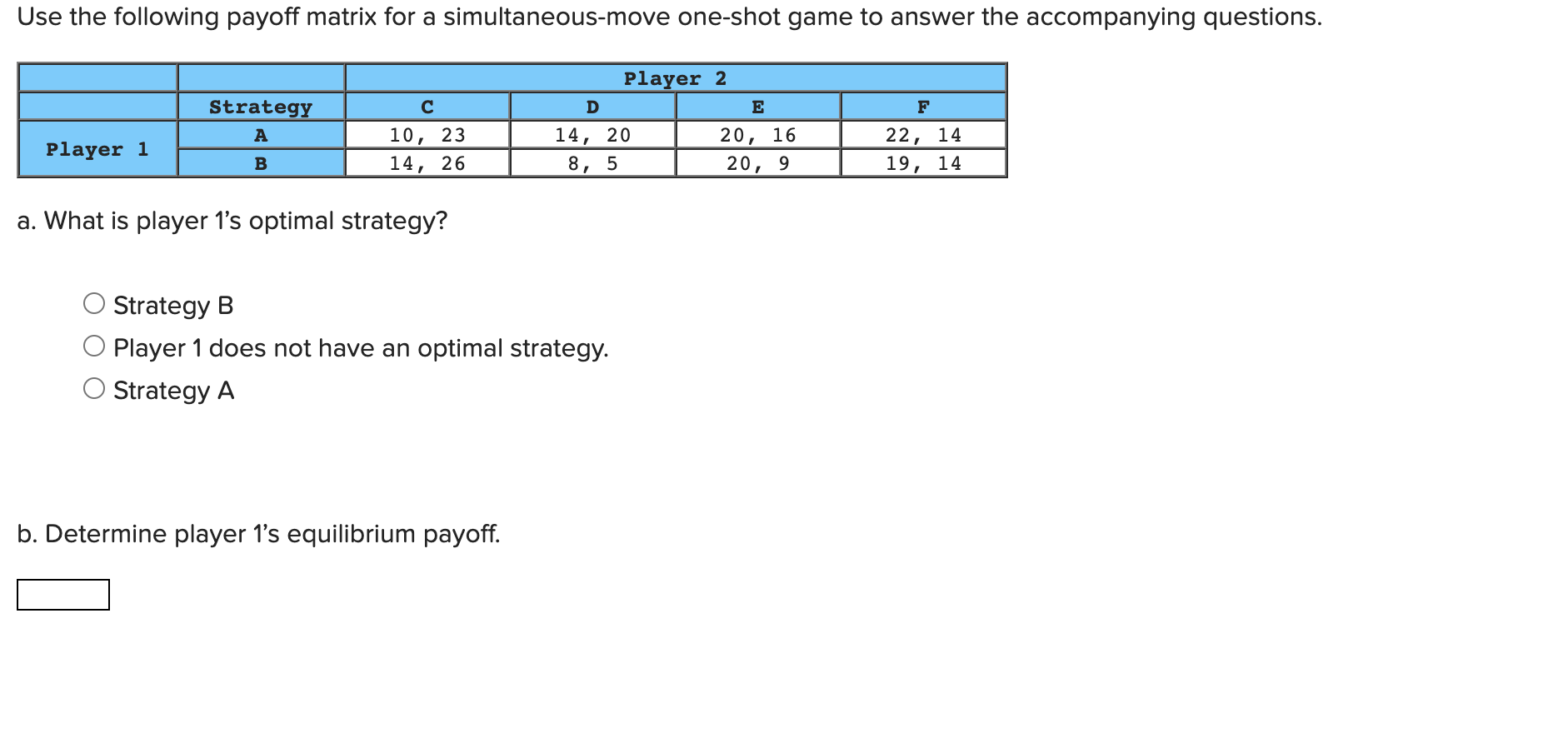 Solved A. What Is Player 1's Optimal Strategy? Strategy B | Chegg.com