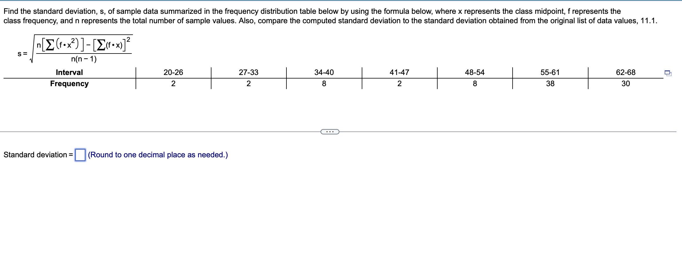 Solved Find the standard deviation, s, of sample data | Chegg.com