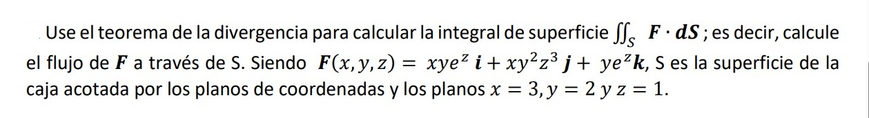 Use el teorema de la divergencia para calcular la integral de superficie \( \iint_{S} \boldsymbol{F} \cdot \boldsymbol{d} \bo