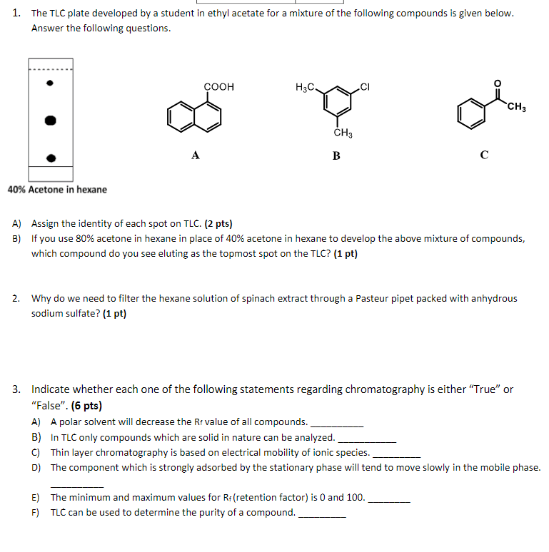 1. The TLC plate developed by a student in ethyl acetate for a mixture of the following compounds is given below. Answer the