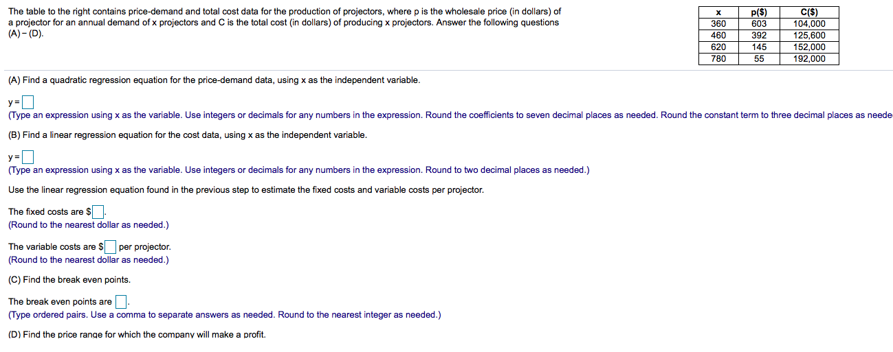 Solved The table to the right contains pricedemand and
