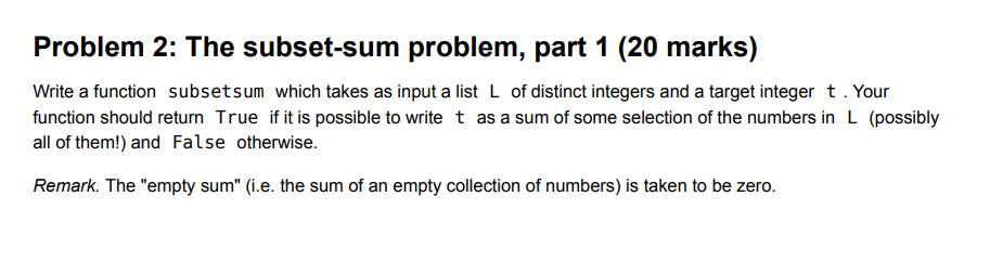 Solved Problem 2: The subset-sum problem, part 1 (20 marks) | Chegg.com