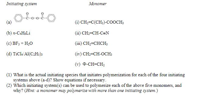 Solved Initiating System Monomer 1 Ch2 C Ch3 Cooch 1 Chegg Com