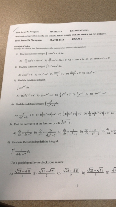 Solved MATH 2483 EXAMINA TION EXAM3 MATH 2413 Multiple Choce | Chegg.com