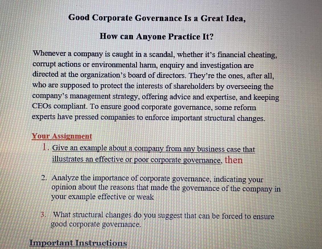 corporate governance assignment example