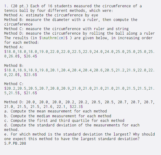 Solved 1. (20 Pt.) Each Of 16 Students Measured The | Chegg.com