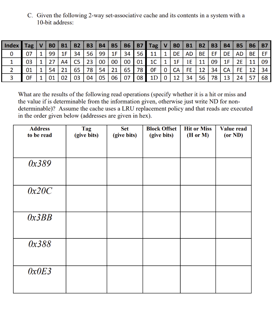 C. Given the following 2-way set-associative cache | Chegg.com