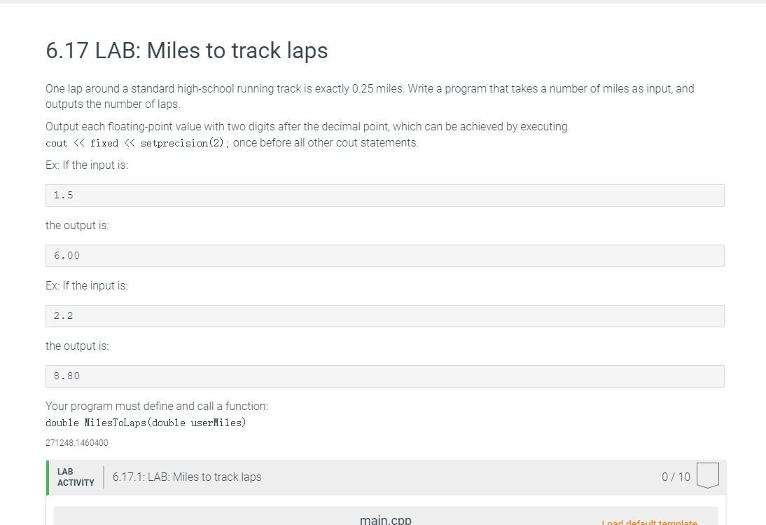 Solved 6.17 LAB Miles To Track Laps One Lap Around A Sta...