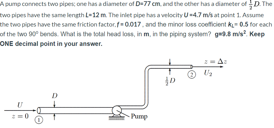 Solved A pump connects two pipes; one has a diameter of D=77 | Chegg.com