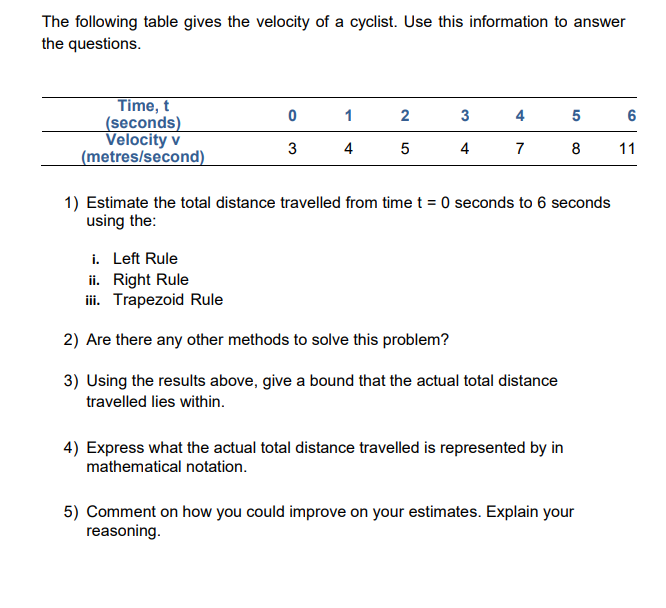 The following table gives the velocity of a cyclist. Use this information to answer the questions.
1) Estimate the total dist