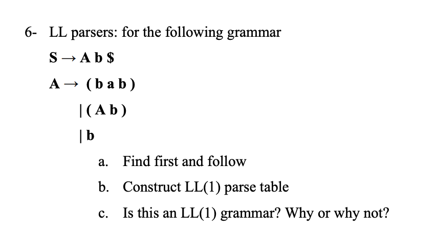 Solved 6 Ll Parsers For The Following Grammar A Ba B A Chegg Solved 6 Ll Parsers For The Following Grammar A Ba B A Chegg