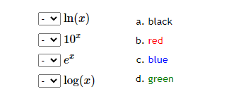 a. black | In(3) 2 10+ b. red e c. blue log() d. green