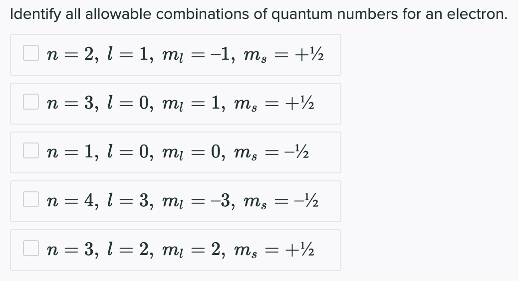 Solved Identify all allowable combinations of quantum | Chegg.com